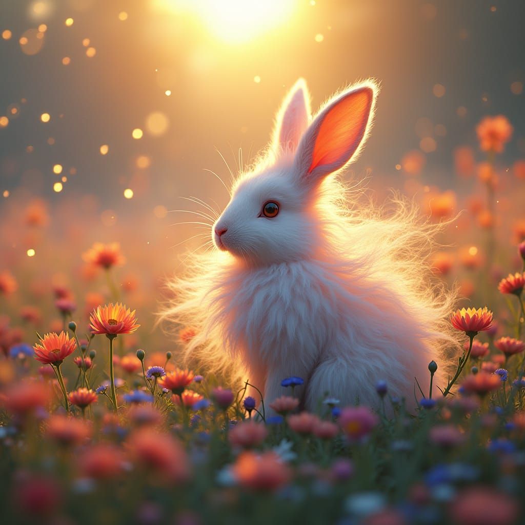 Ethereal Rabbit in a Radiant Floral Wonderland