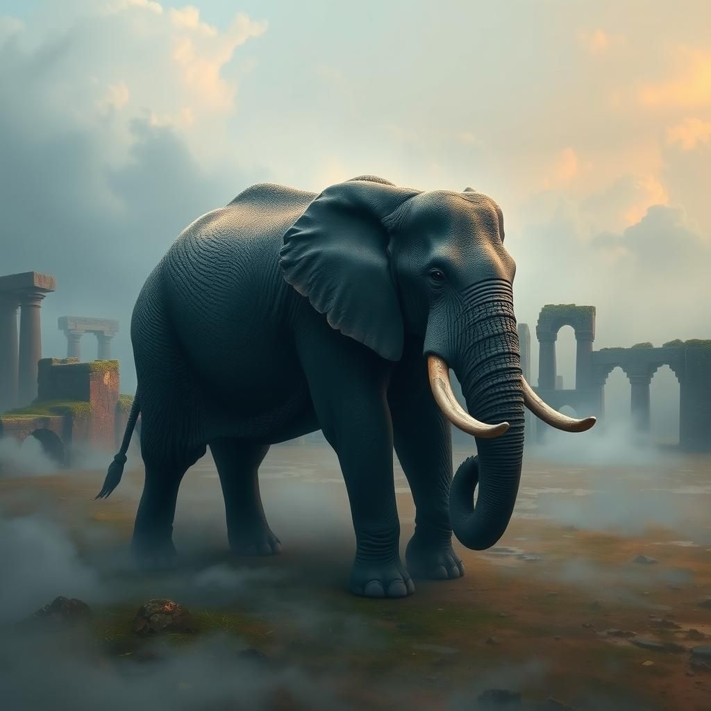Mighty Elephant in Misty Fantasy Landscape