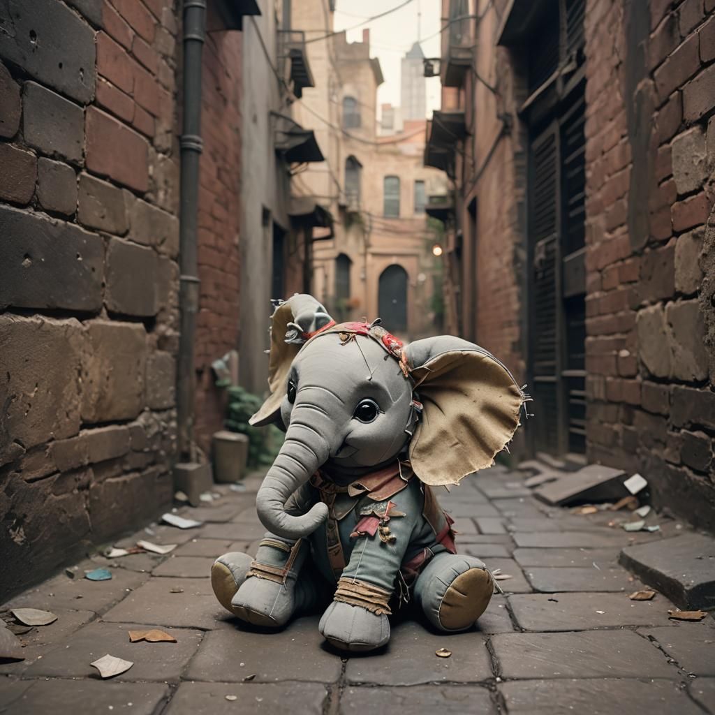 Worn Elephant Plushie in Dimly Lit Alleyway