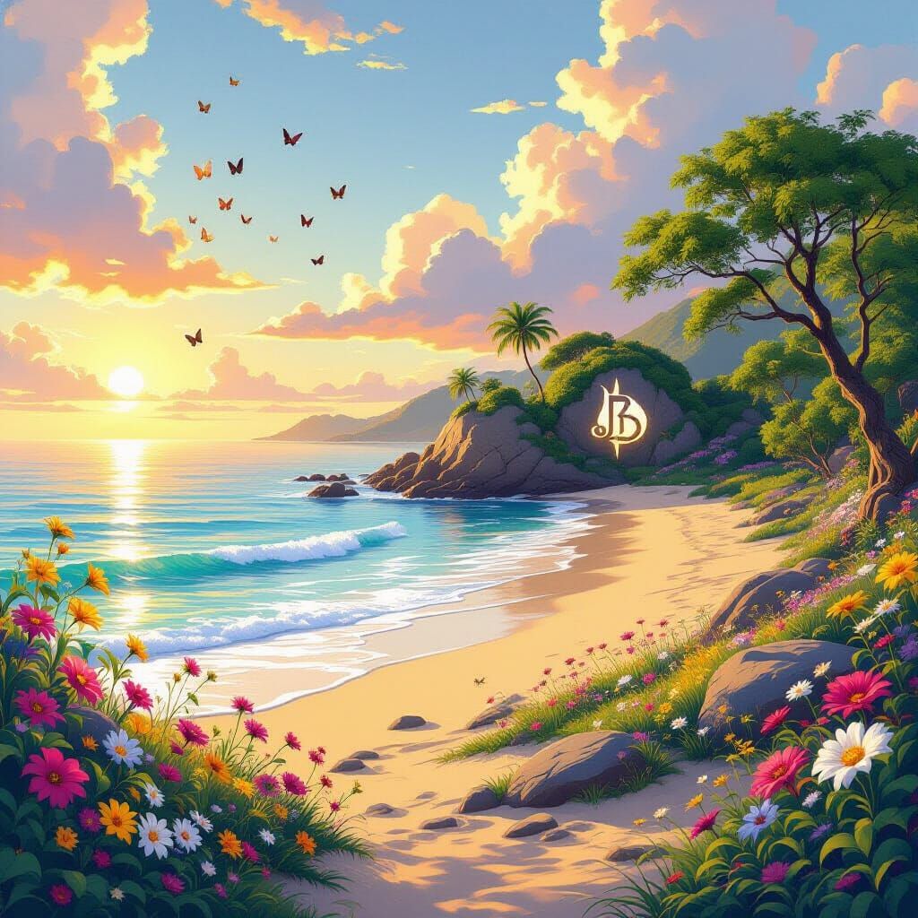 Fantasy Sunrise Beach with Vibrant Flora and Butterflies