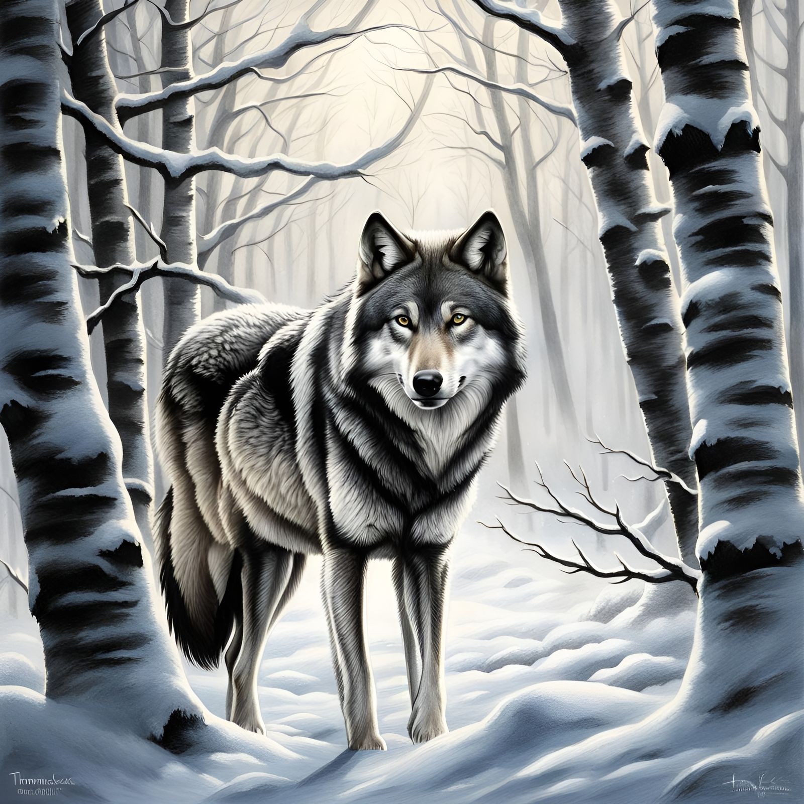 Wolf Among Birch Trees in Winter Snow