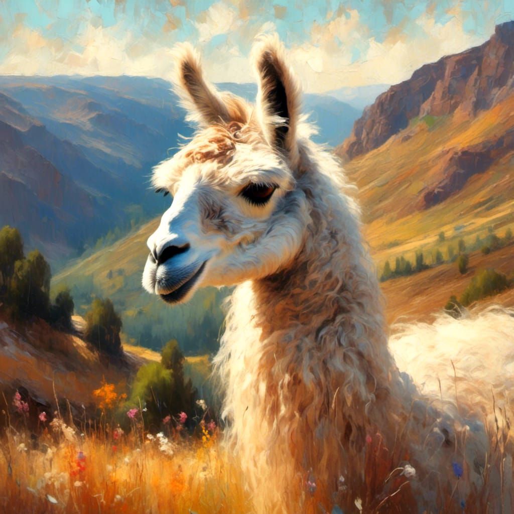 Llama Portrait in Folk Art Style Oil Painting