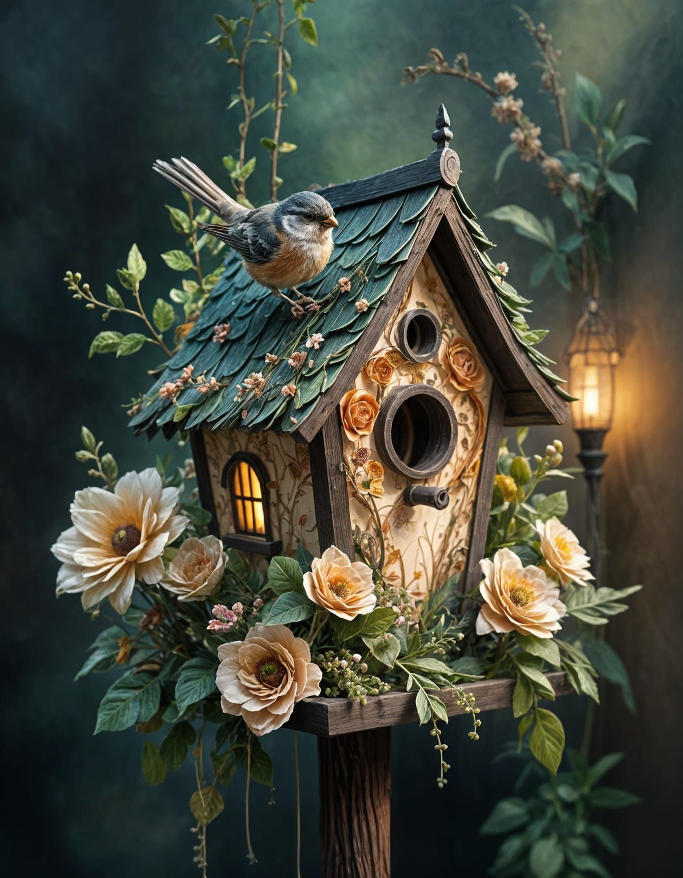 Surreal Birdhouse with Floral Arrangement in Watercolor Styl...
