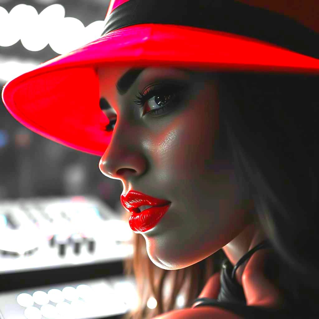 Mysterious Woman in Red Hat, Dramatic Monochrome Portrait