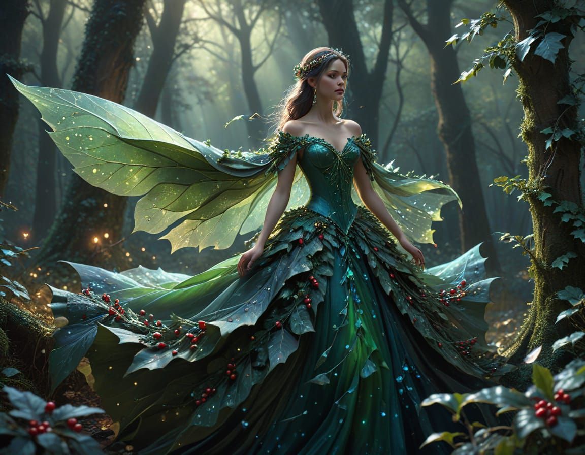 Fairy in Holly Gown in Winter Forest Digital Painting