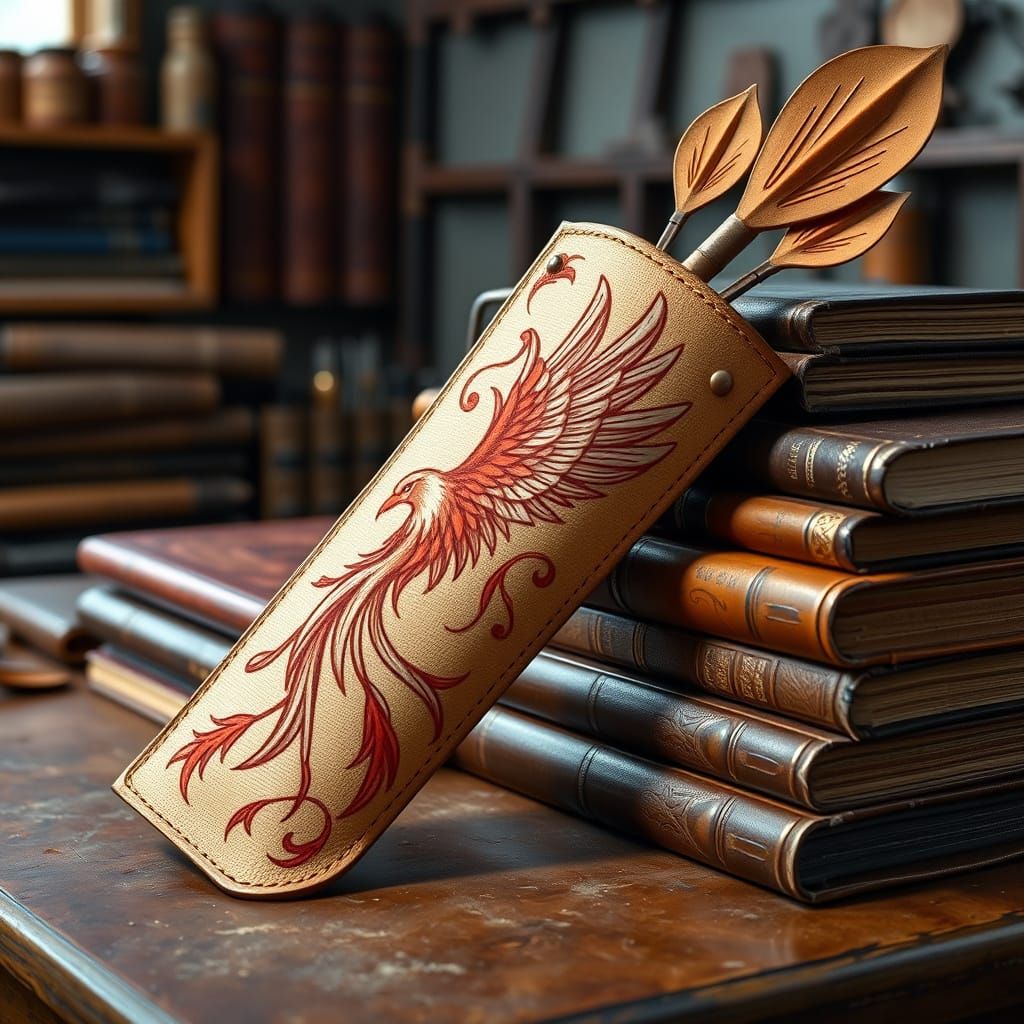 Leather Arrow Quiver and Books in Workshop