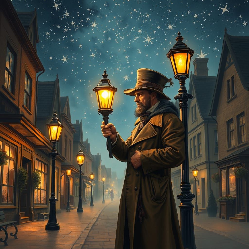 Gas Lamplighter in Quaint Town, Whimsical Art