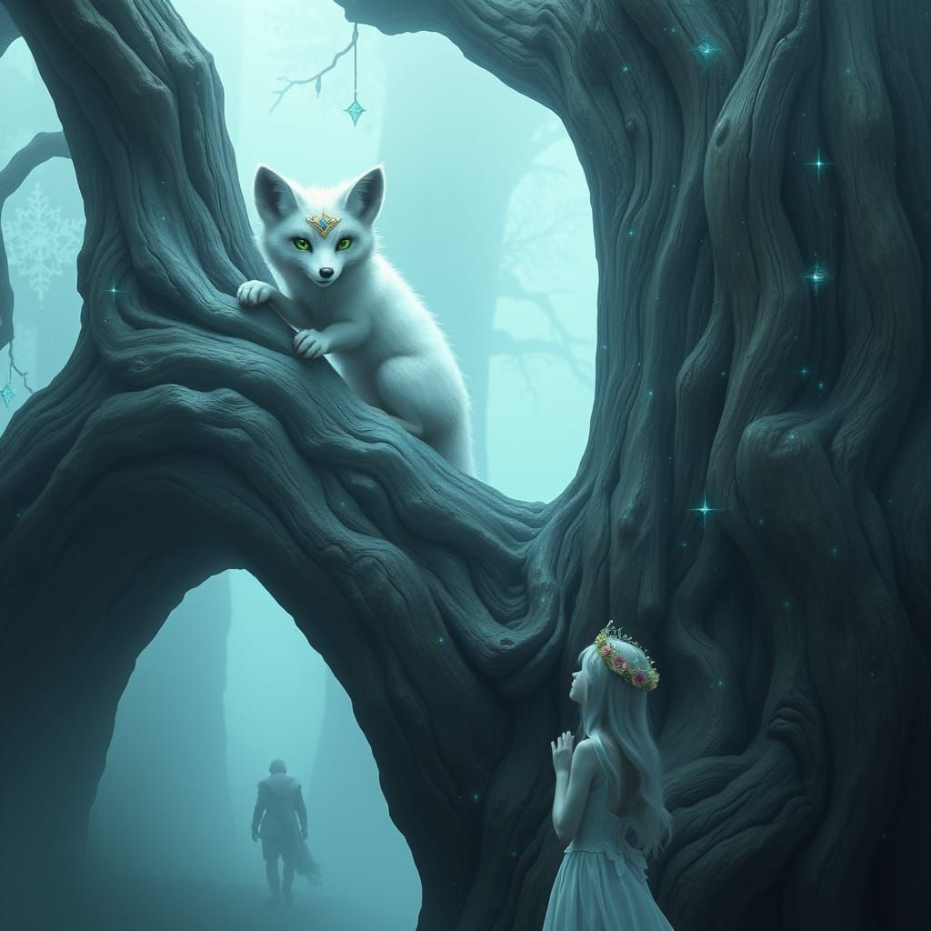 Whimsical Fox Ascends Ancient Sequoia in Enchanted Forest