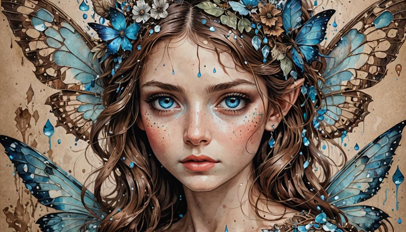 Icy Blue-Eyed Fairy on Vintage Paper, Digital Painting