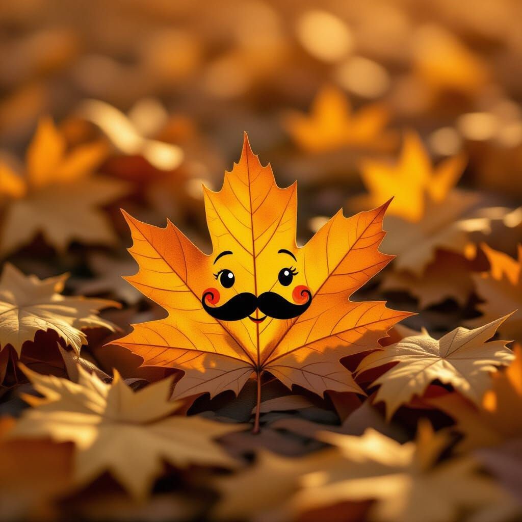 Mischievous Face on Autumn Leaf with Golden Light