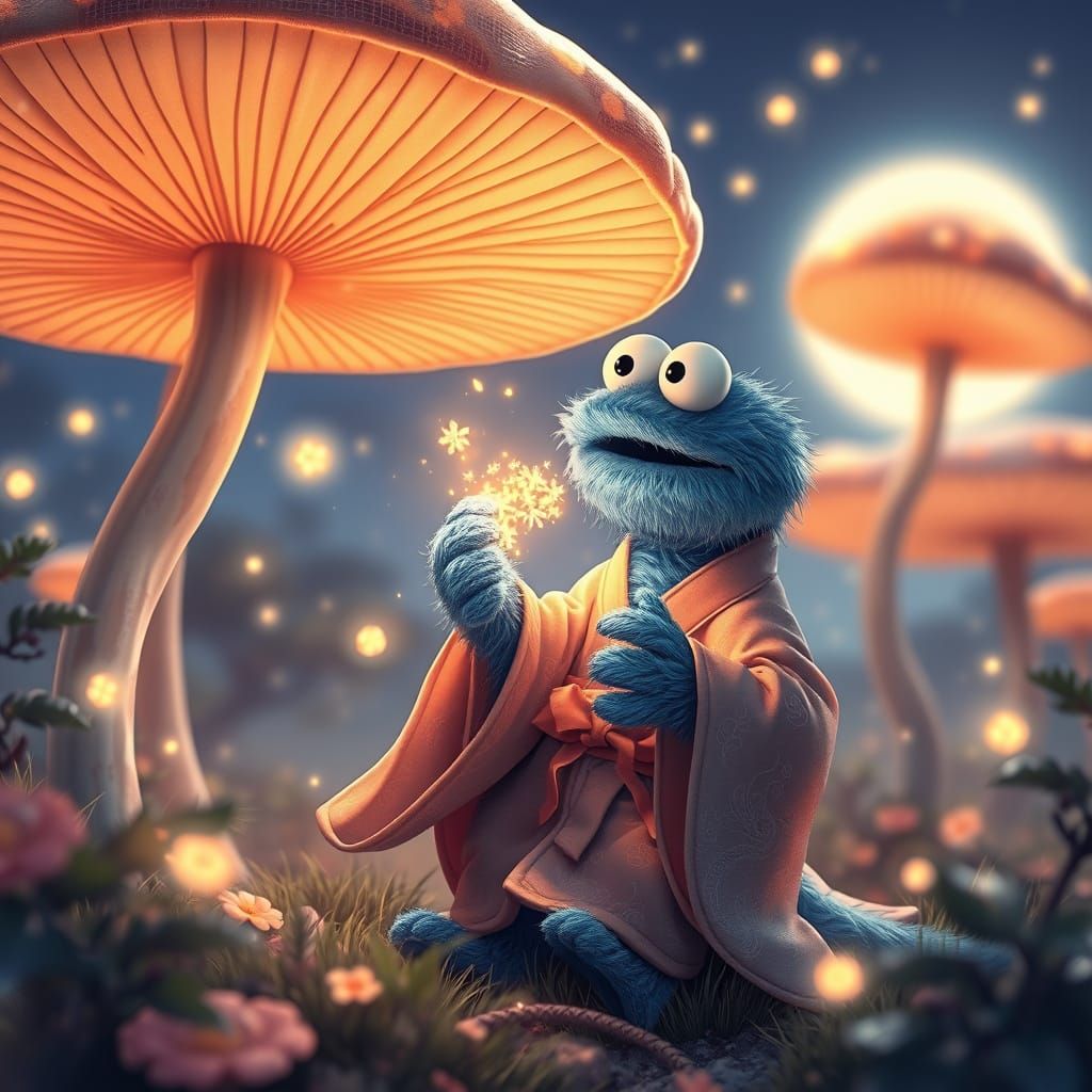 Ethereal Moonlit Anime Art of Cookie Monster Catching Firefl...