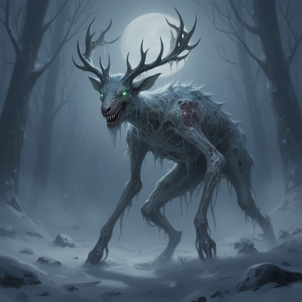 Creepy Humanoid Deer Wendigo in Dark Fantasy Concept Art