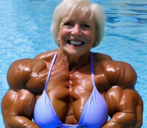 Muscular Bodybuilder Grandma at the Swimming Pool