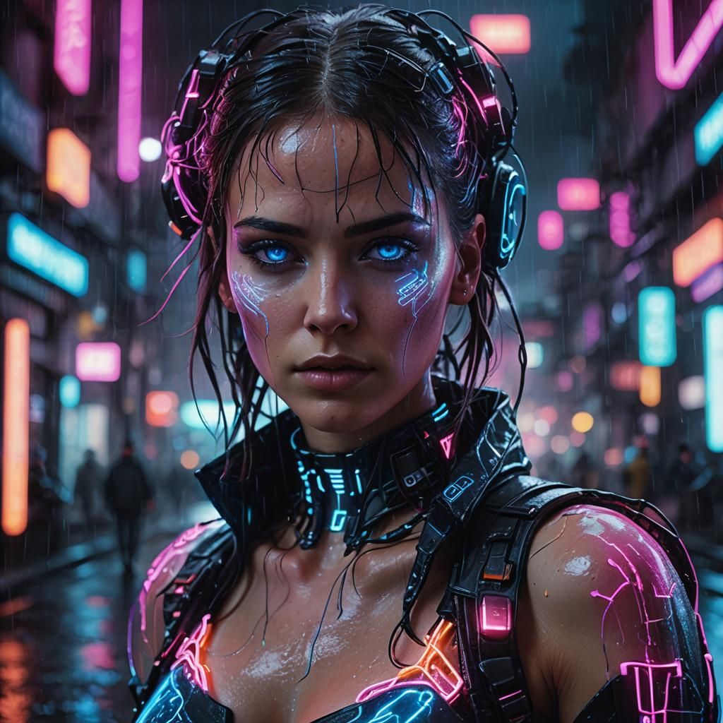Cyberpunk Cyborg Girl in Neon Dystopian City
