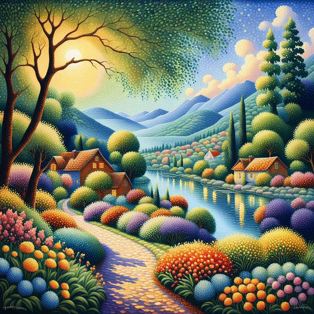 "impressionist style, pointillist technique, MIX VIVID AND SOFT COLORFUL+FABULOUS+GORGEOUS+masterful use of dots, mesmer...