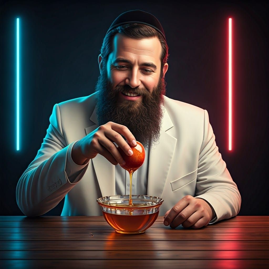 Orthodox Jew Dipping Apple in Honey, Synthwave Style