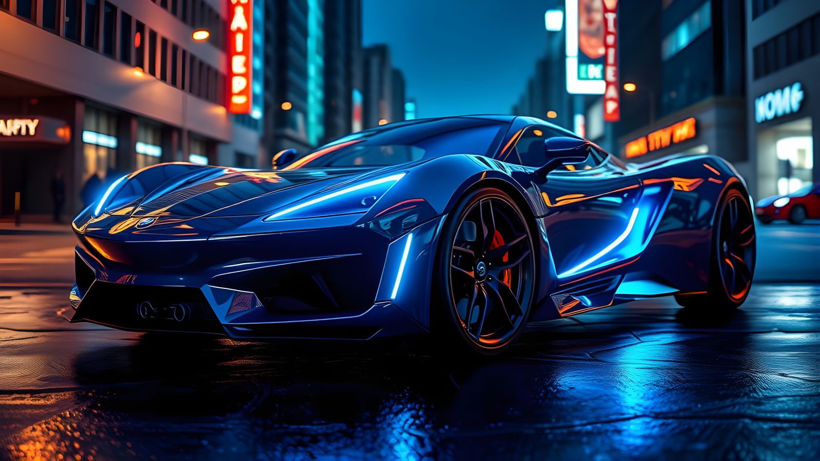 Glass Sports Car with Neon Illumination in Photorealistic St...