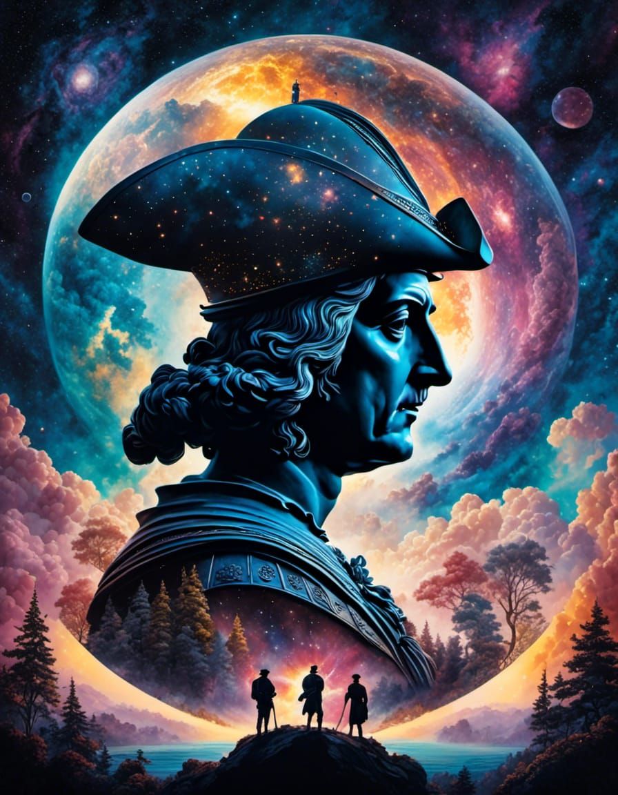 Columbus Silhouette with Universe Inside, Watercolor Style