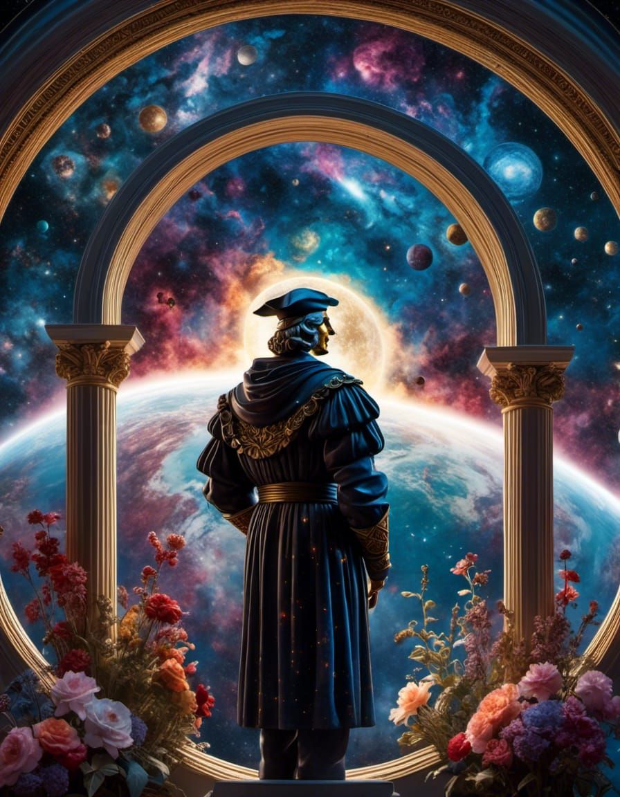 Columbus Silhouette with Universe Inside, Watercolor Style