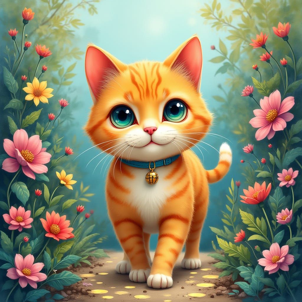 Golden Cat in Vibrant Garden, Watercolor Graffiti Style