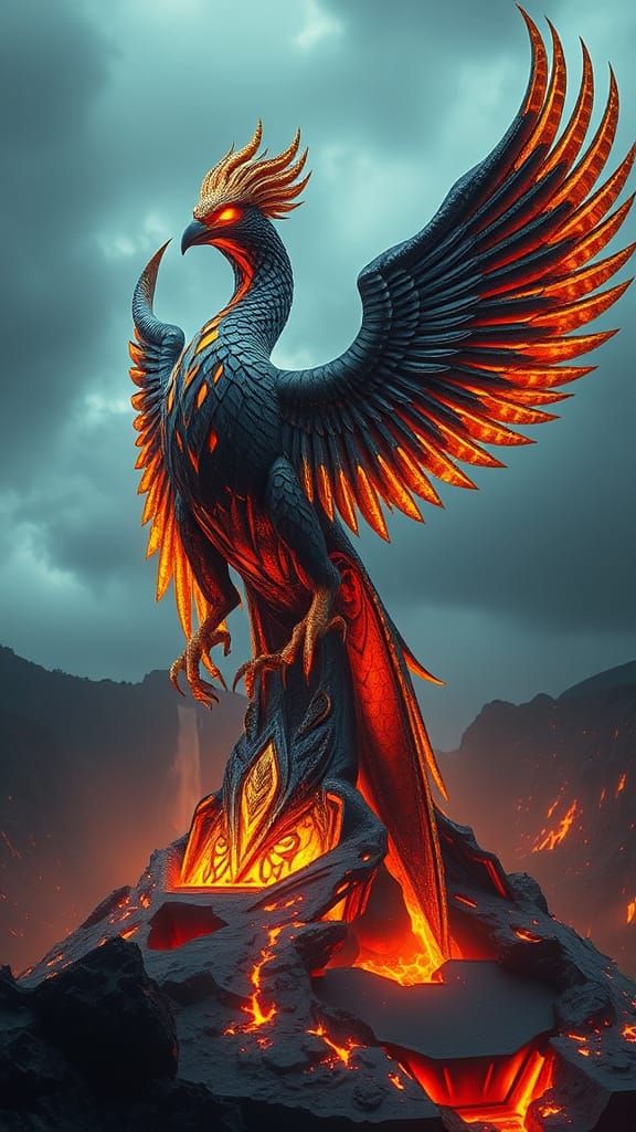 Obsidian Phoenix Sculpture Rising from Volcanic Caldera