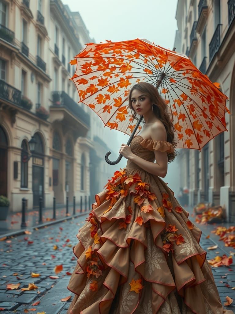 Romantic Parisian Autumn Scene with Leaf Gown