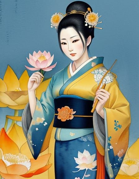 Geisha with Lotus Blossom in Watercolor Style