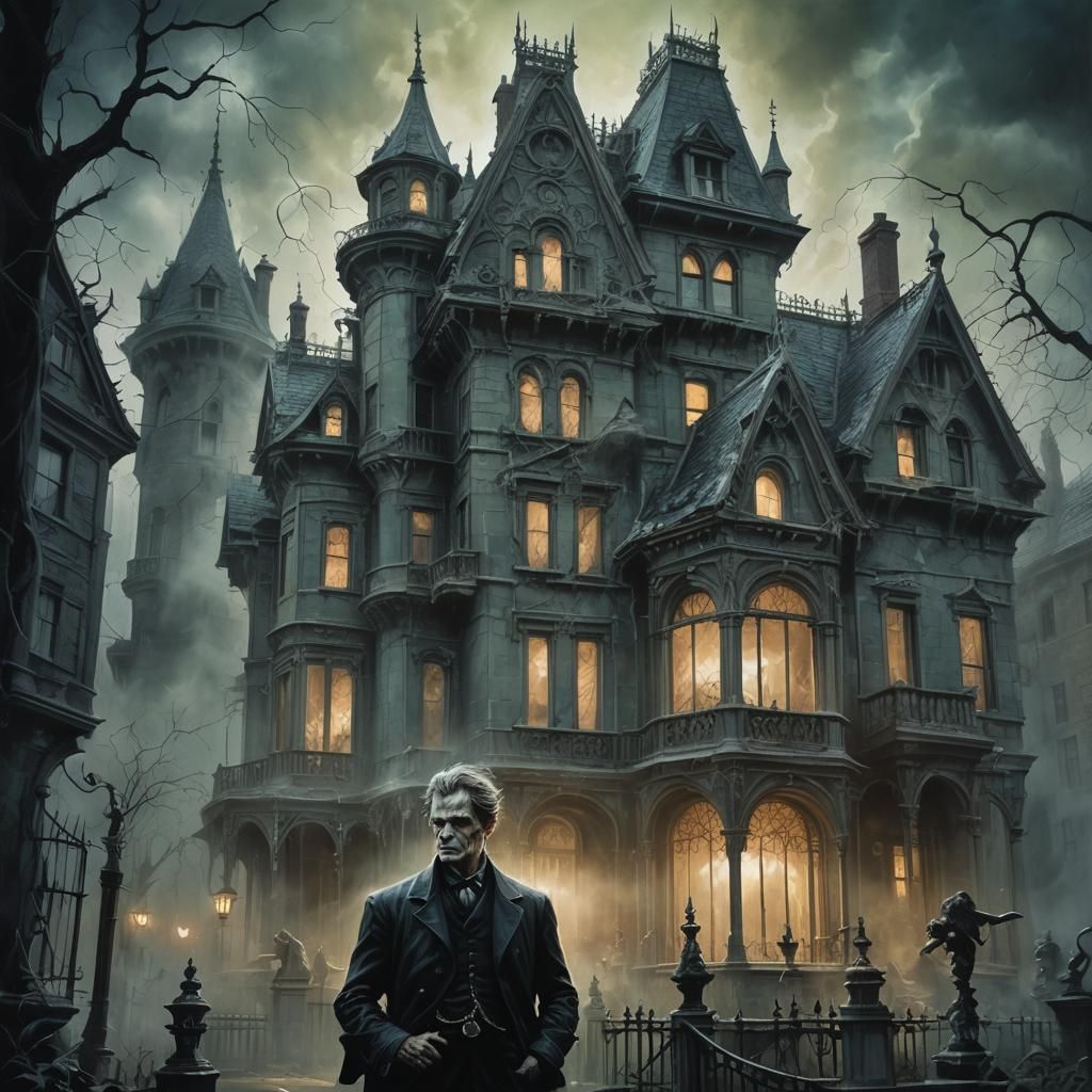 Eerie Creature in Front of Victorian Mansion