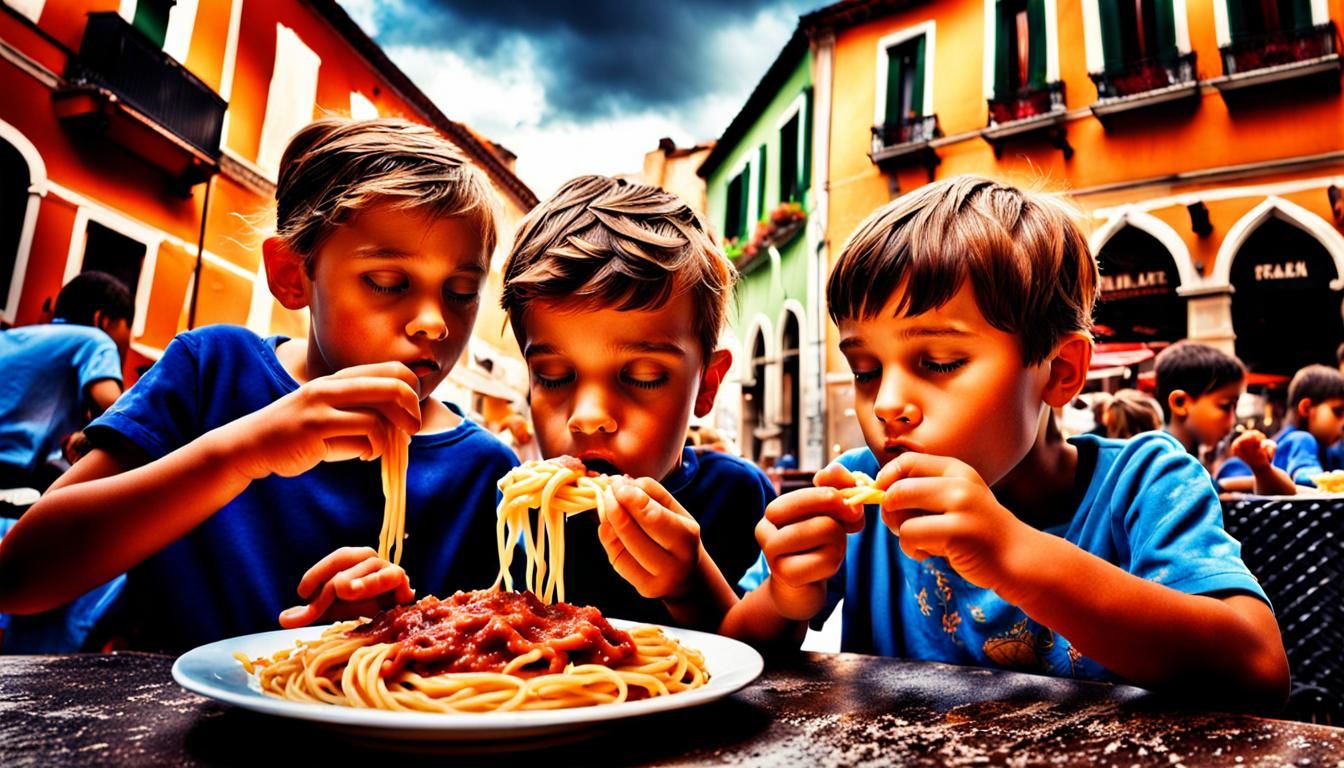Children Enjoying Pasta at Italian Cafe, Hyperrealistic