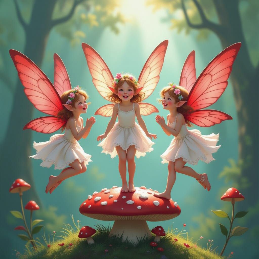 Laughing Fairies with Red Wings on Mushroom, Abstract Art