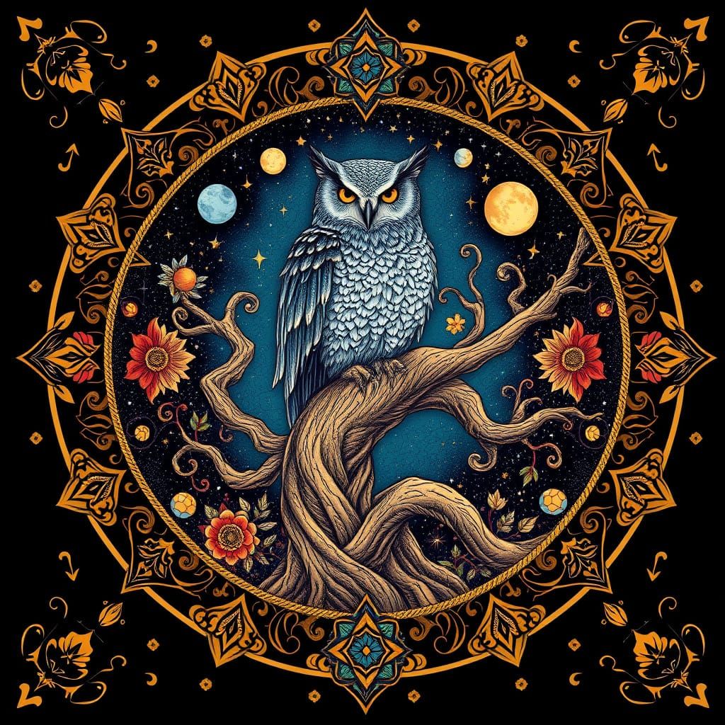 Enchanted Forest Scene with Owl and Celestial Elements in In...