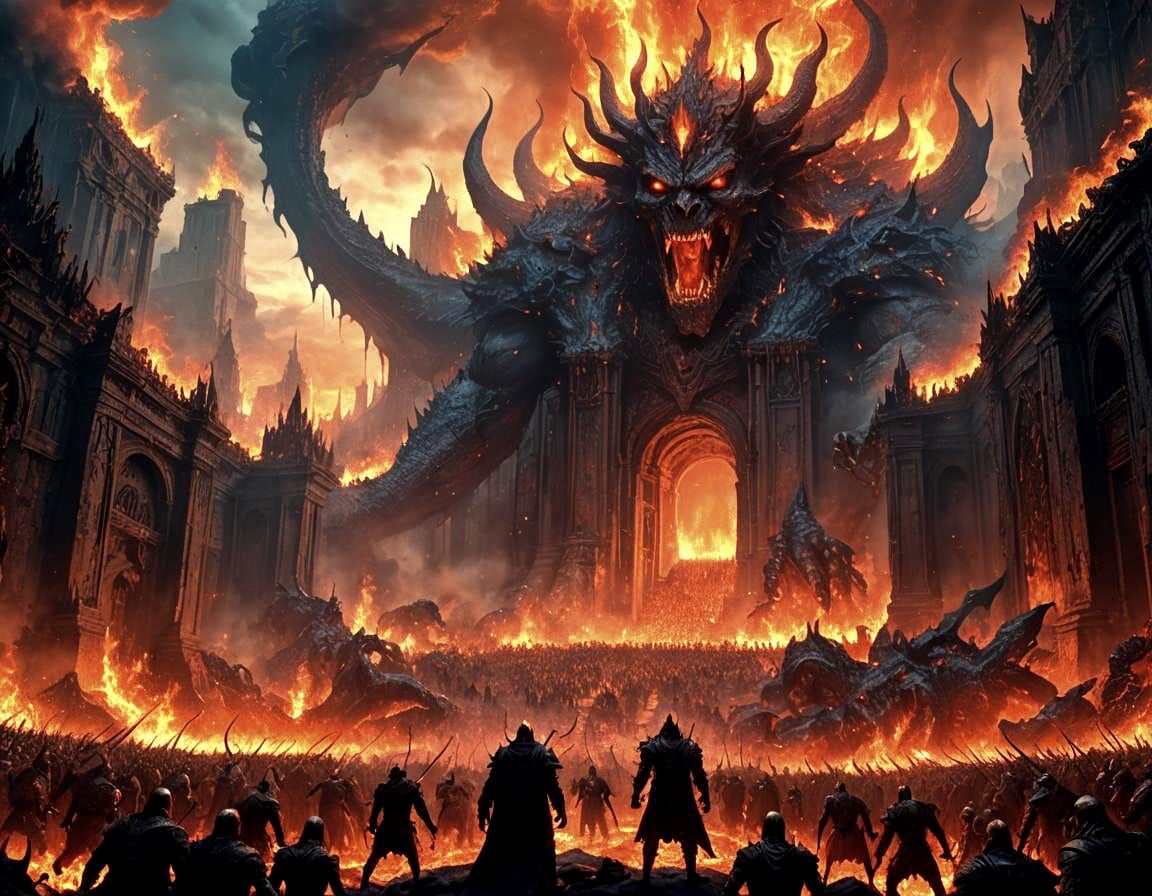 King of hells army in fire outside hells gates