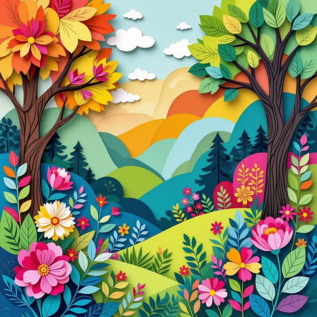 Vibrant Layered Nature Illustration in Papercut Style
