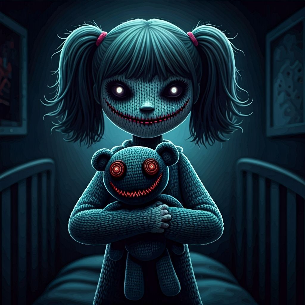 Creepy Knitted Girl with Glowing Eyes in Eerie Bedroom