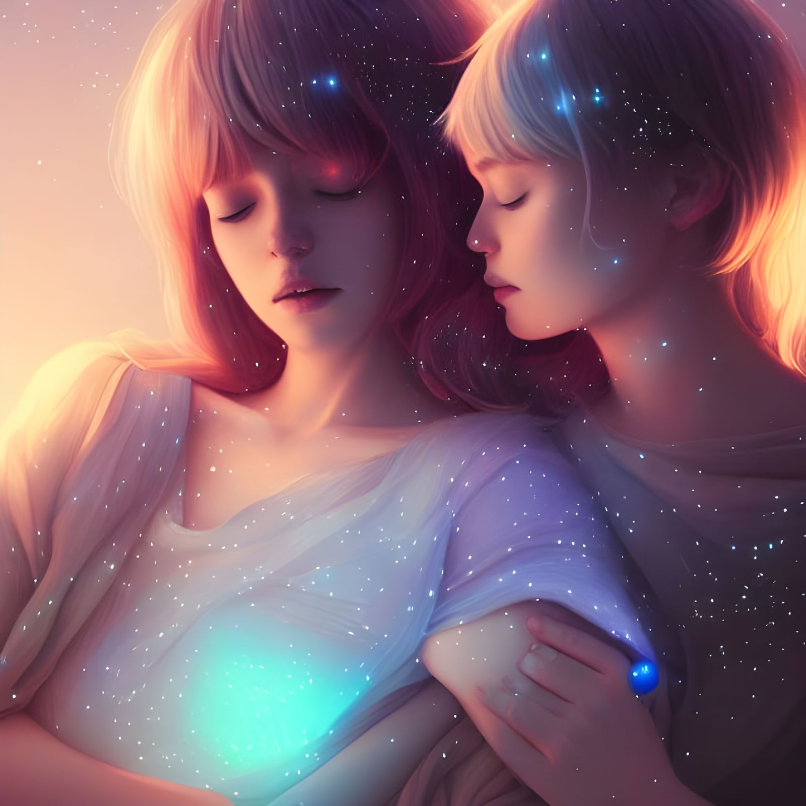 Loving Lesbian Couple in Ethereal Sci-Fi Setting