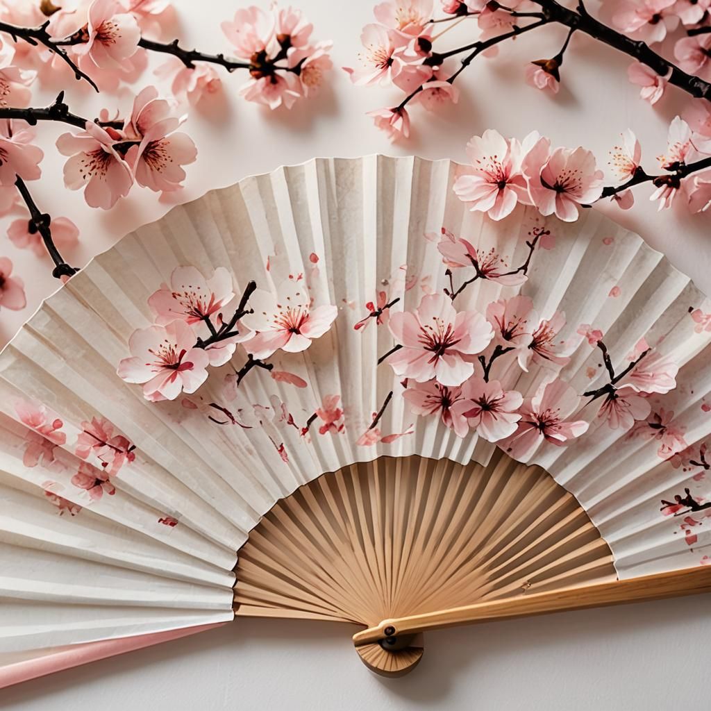 Japanese Fan with Cherry Blossoms in Watercolor Style