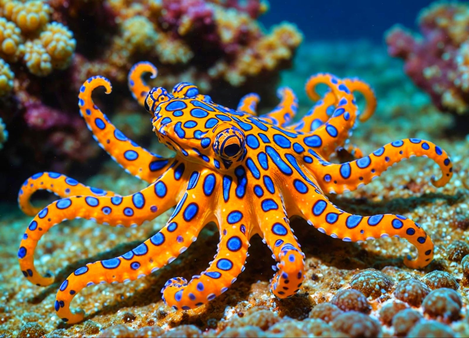 Vivid Blue-Ringed Octopus Close-Up in Fluorescent Colors