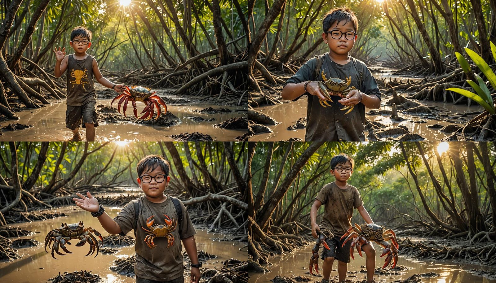 Thai Boy with Crab in Mangrove Forest