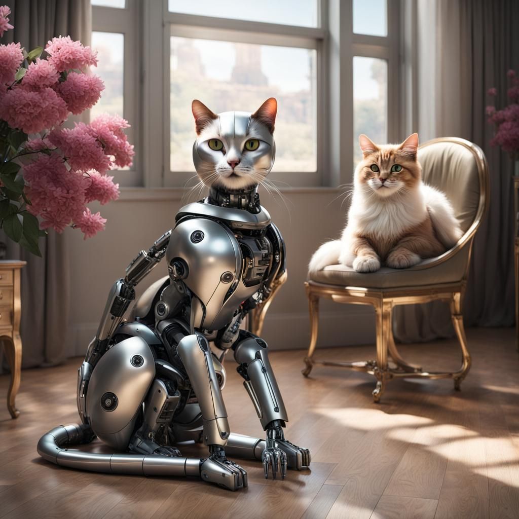 Robotic Cat and Real Cat by Window