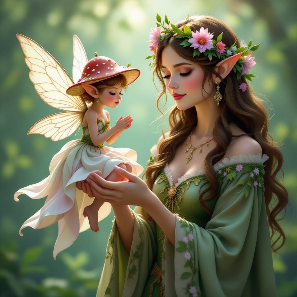 Mushroom Fairy on Elf Hand, Botanical Faerie Art