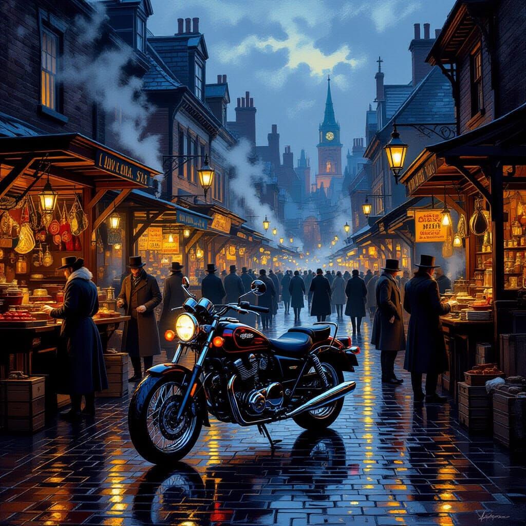 Victorian Marketplace Twilight Scene with Motorcycle in Oil ...