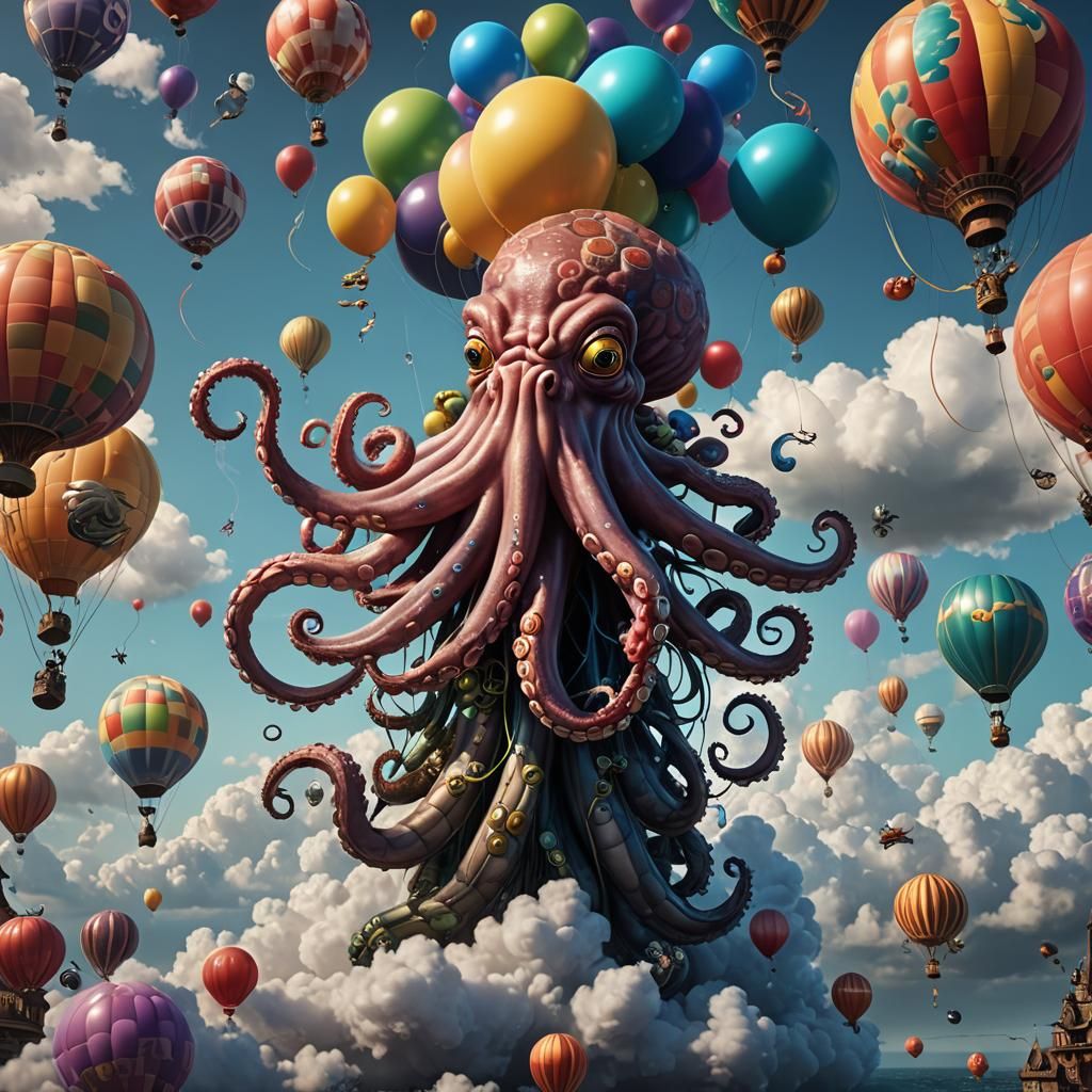 Octopus on Cloud with Fish Balloons: Fantasy Art