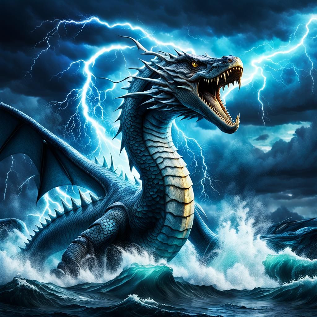 Winged Sea Serpent with Lightning Powers in Digital Art