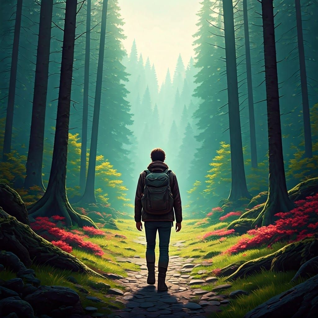 Mystical Forest Explorer in Atmospheric Cyberpunk Style