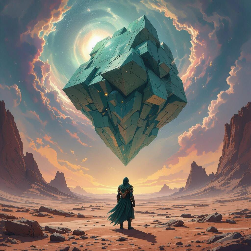 Explorer on Alien Planet Below Geometric Structure