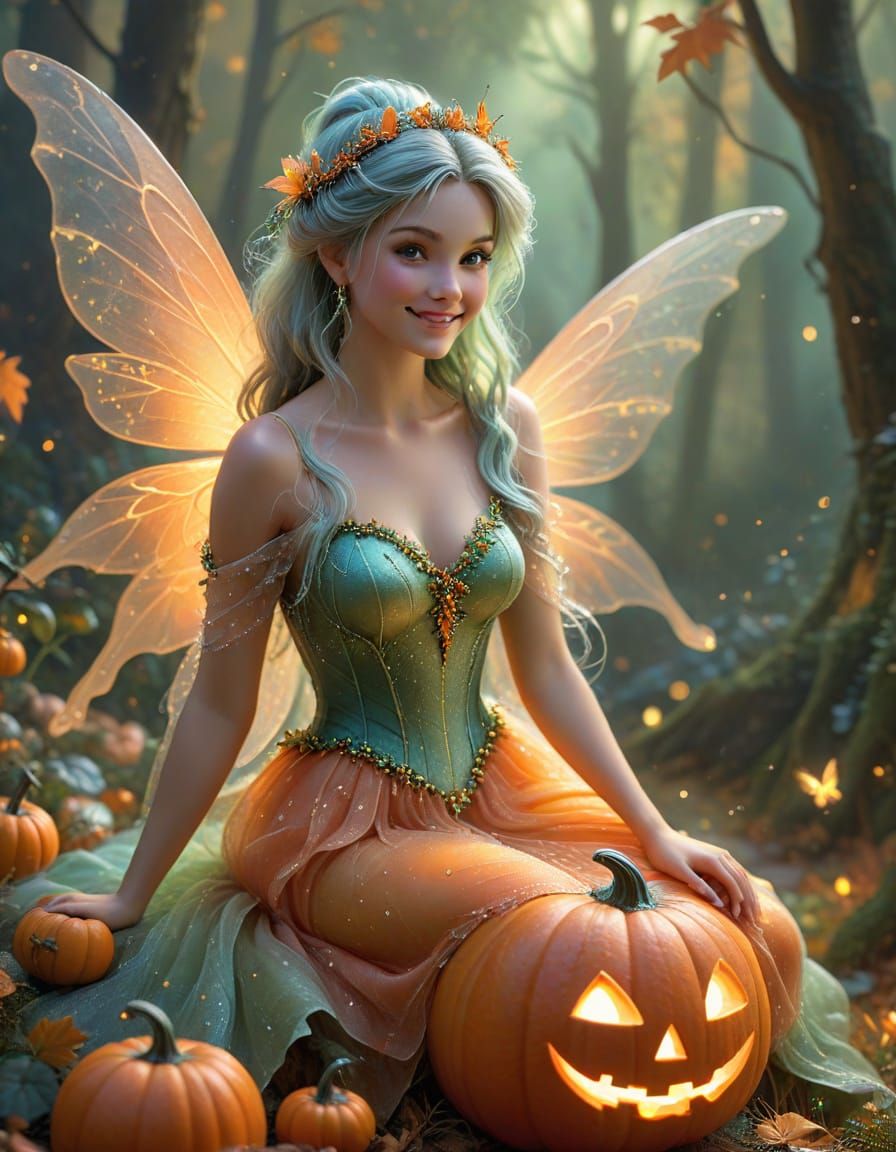 Ethereal Fairy on Jack-o-Lantern in Autumn Mist