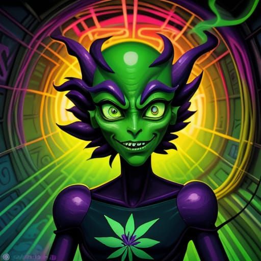 Marijuana Alien in Neon Underground: 3D Cartoon Illustration