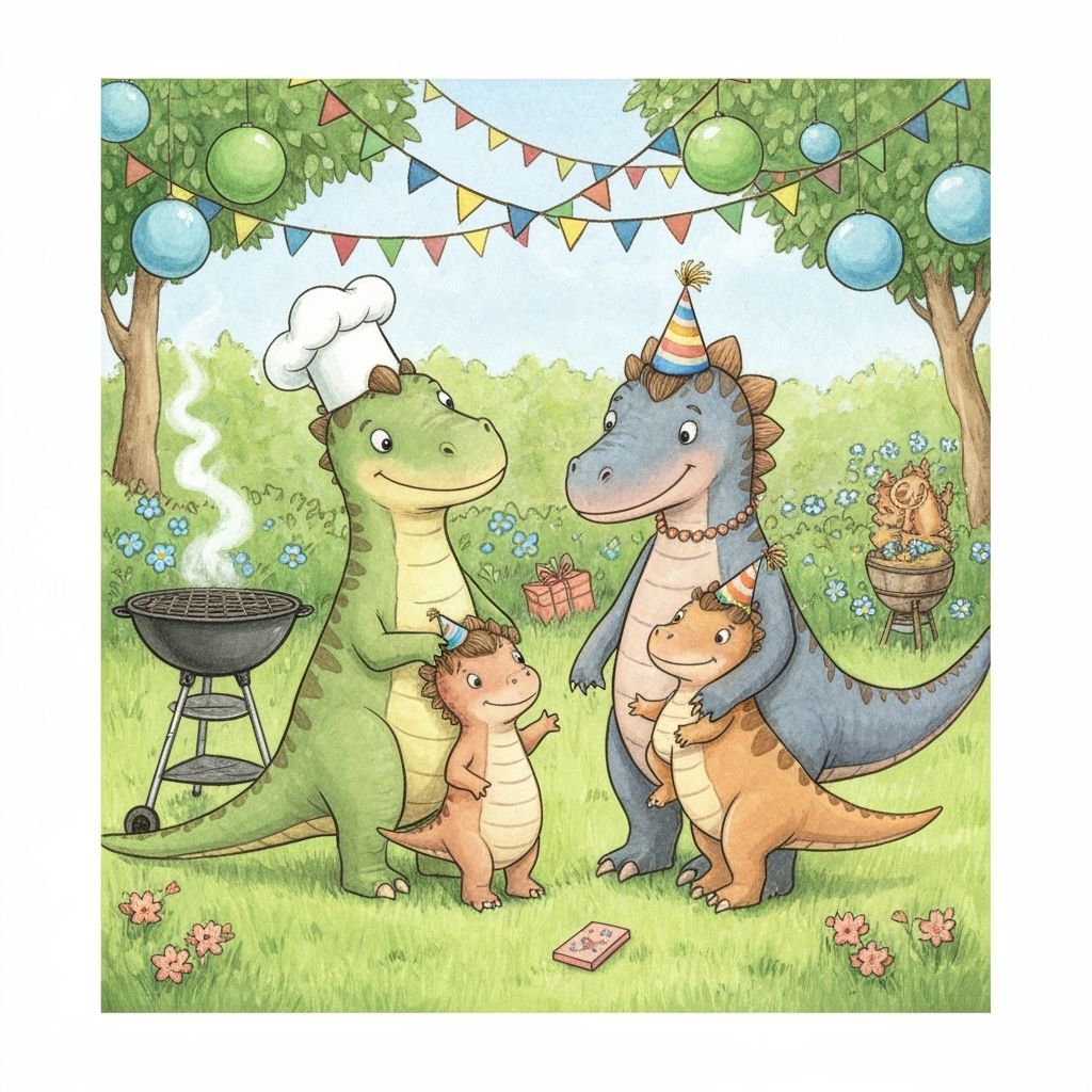 Tender Dinosaur Family Birthday Party Gouache Illustration