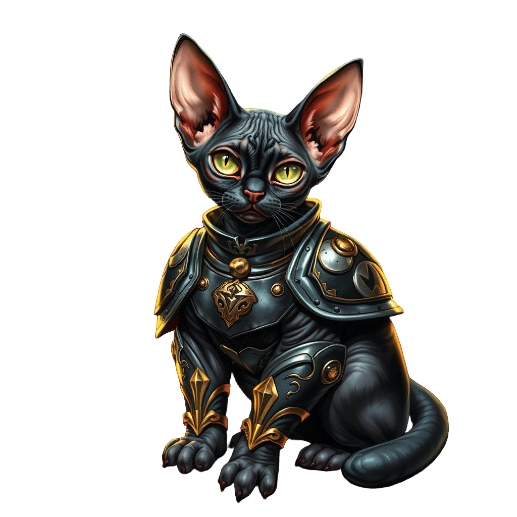 Cartoon RPG Black Sphynx Cat in Armor