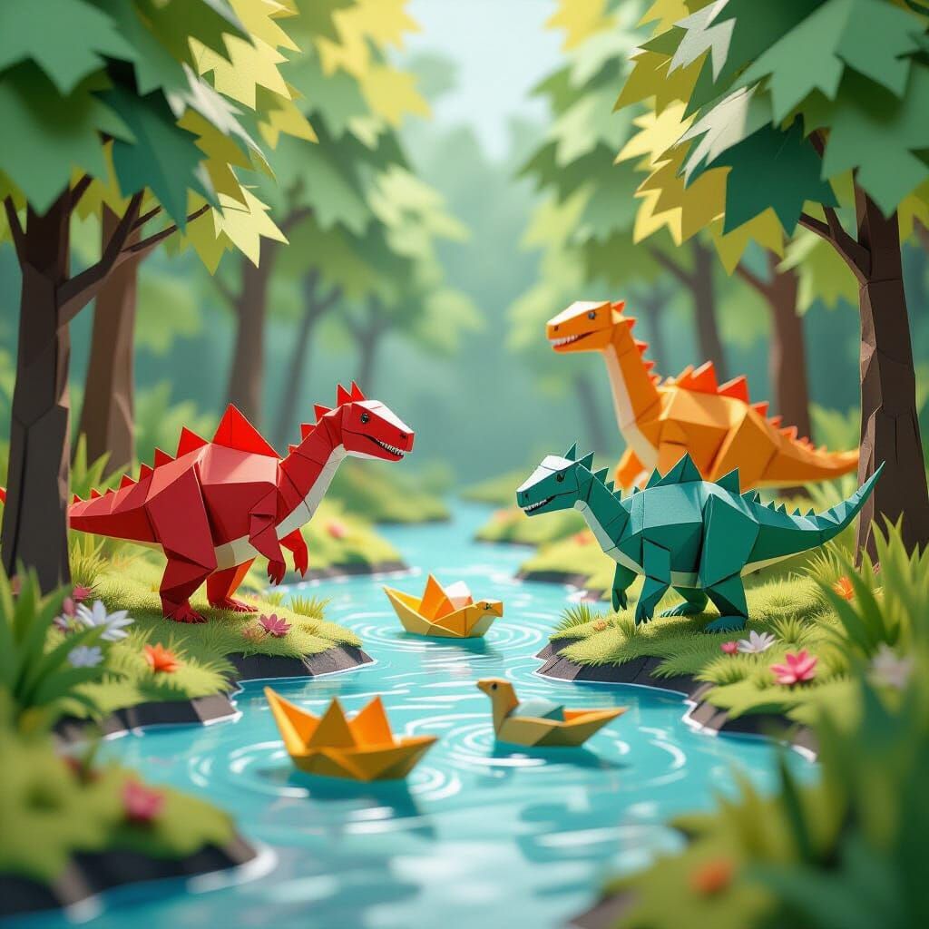 Origami Dinosaur Diorama in Papercraft Forest
